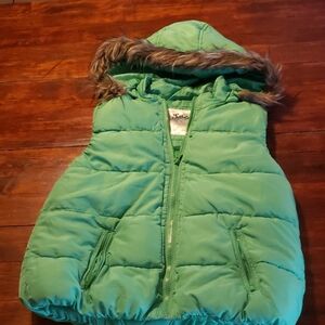 Justice Green Puffer Vest with Faux Fur Trim